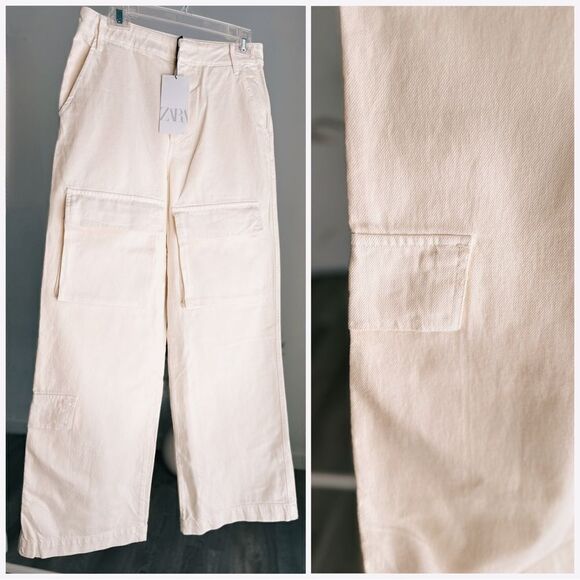 Zara Cargo Utility Pants Pockets Jeans Ecru New - Picture 1 of 3